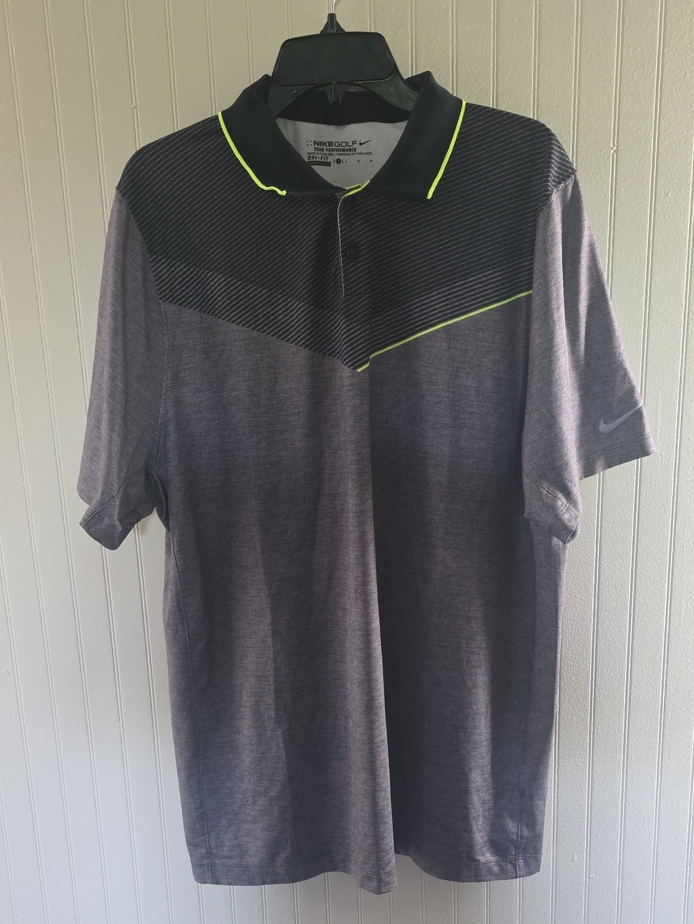 Nike Men's Gray Polo with Black Collar and Neon Yellow Trim